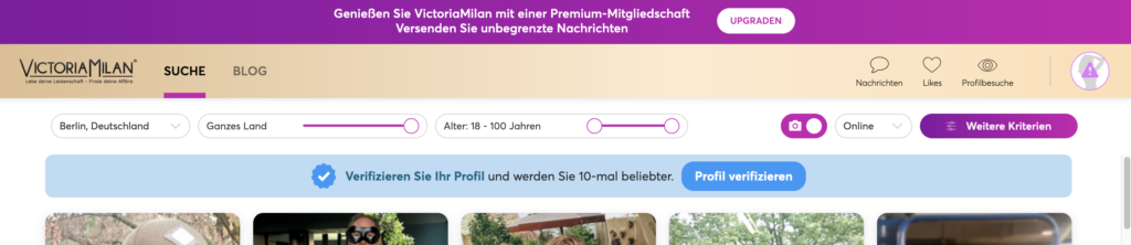 Screenshot der Suchfunktion und Filterleiste auf Victoria Milan mit regionalen Sucheinstellungen.