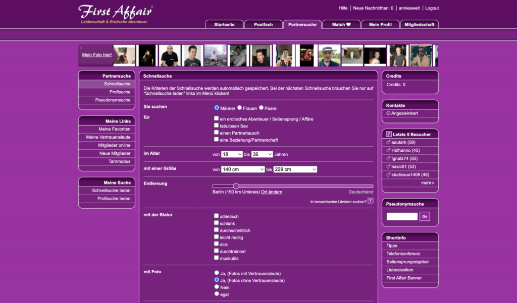 Screenshot der First Affair Suchmaske im lila Retro-Design mit detaillierten Filtern für diskrete Abenteuer.