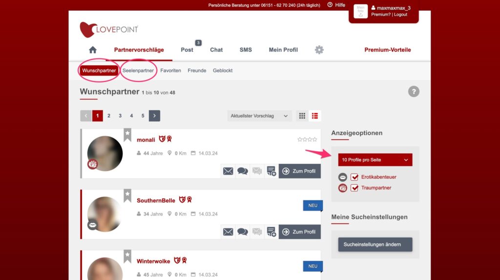 Screenshot LOVEPOINT: Partnervorschläge filtern nach 'Wunschpartner' und 'Seelenpartner'.