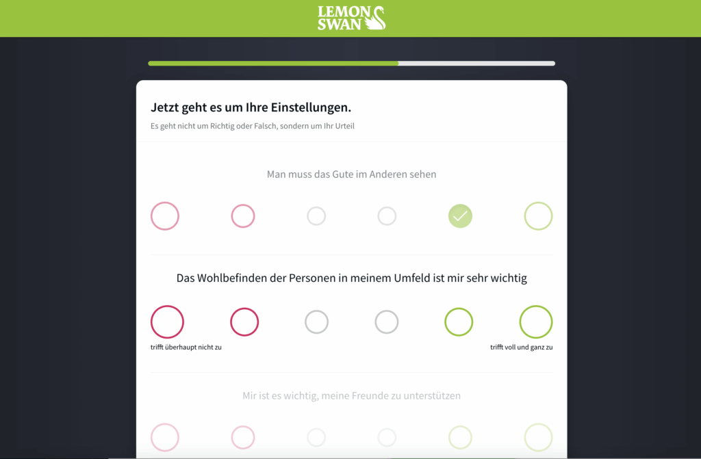 Screenshot des wissenschaftlichen Persönlichkeitstests auf LemonSwan.