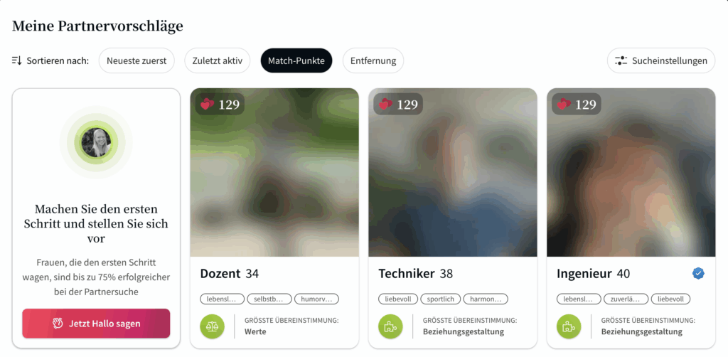 Screenshot der Partnervorschläge auf LemonSwan mit einer Liste passender Single-Profile.