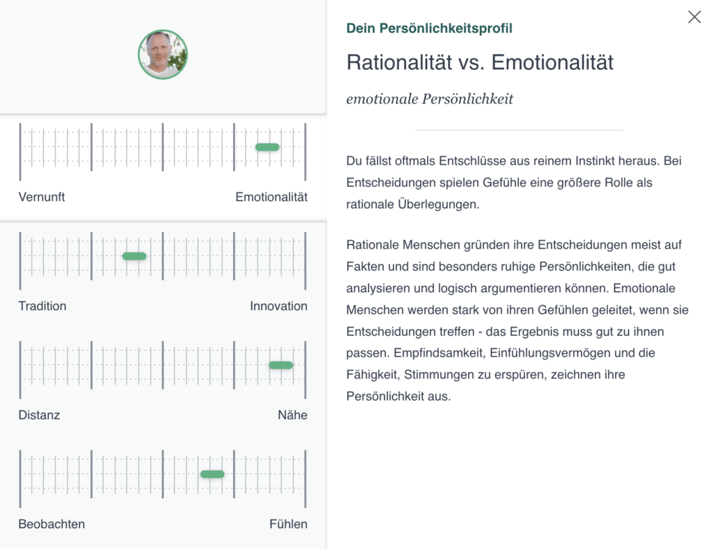 Screenshot des psychologischen Persönlichkeitsprofils auf Verliebt ab 40.