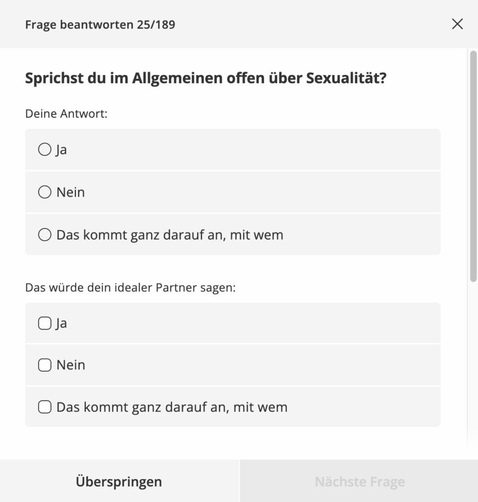 Screenshot der Fragenflirt-Funktion auf DatingCafe mit einer Frage zum Beziehungs- und Liebesleben.
