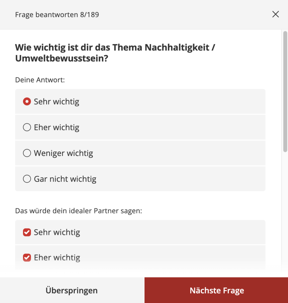 Screenshot der Fragenflirt-Funktion auf ab50.de zur Bewertung der Partnerschaftskompatibilität.