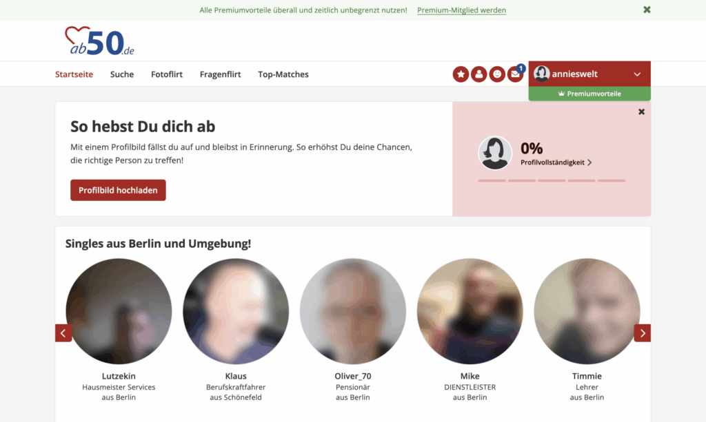 Screenshot der Startseite auf ab50.de mit dem Mitglieder-Dashboard nach dem Login.