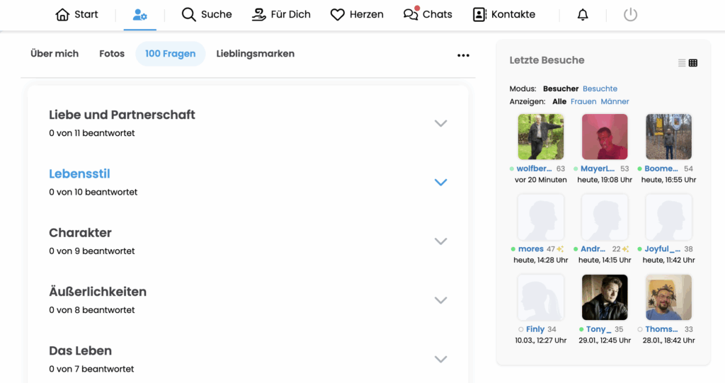 Screenshot der Profil-Einstellungen auf Finya im Bereich '100 Fragen'.