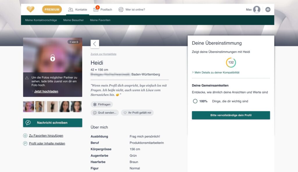 Screenshot eines detaillierten Mitgliederprofils auf Verliebt ab 40 mit Match-Score.