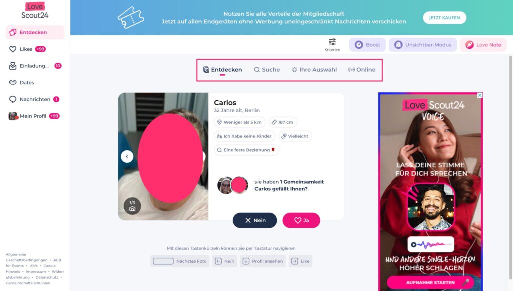 Screenshot des 'Entdecken'-Bereichs auf LoveScout24 mit einer Single-Profilkarte.