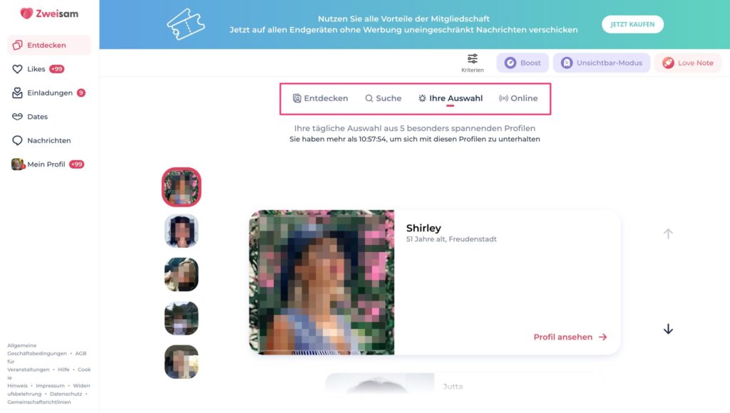 Screenshot der 'Ihre Auswahl'-Funktion auf Zweisam mit täglichen Profilvorschlägen.