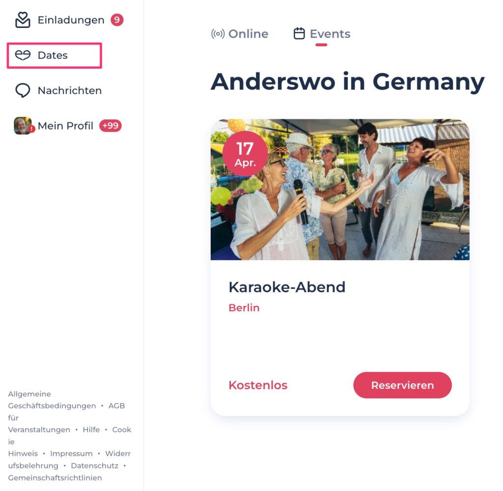 Screenshot der Event-Funktion auf Zweisam mit einer Infokarte für einen Single-Karaoke-Abend.