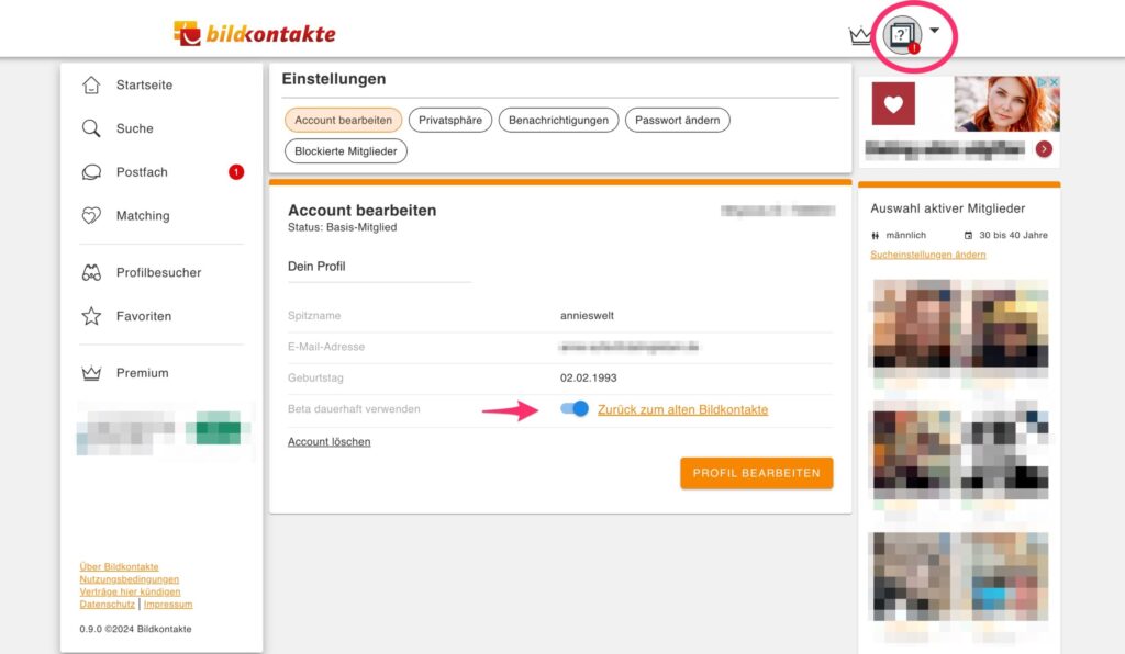Screenshot der Einstellungen auf Bildkontakte mit der Option, zum alten Design zu wechseln.