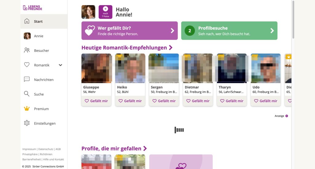 Screenshot der Lebensfreunde-Startseite mit dem Mitglieder-Dashboard nach dem Login.