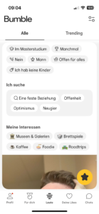 Ein Screenshot eines Profils mit allen angegebenen Infos in der Bumble-App.