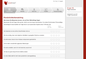 Ein Screenshot des Registrierungsprozesses bei LOVEPOINT, bei dem relevante Angaben zum Persönlichkeitsmatching abgefragt werden.