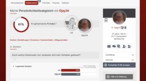 Ein Screenshot des Persönlichkeitsabgleichs von zwei Mitgliedern bei LOVEPOINT. Ein Prozentangabe von 81% zeigt den sogenannten K-Index.