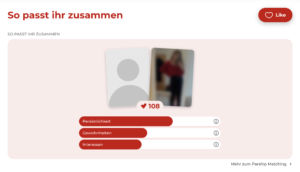 Grafik des Parship-Matching-Ergebnisses mit 108 Matching-Punkten basierend auf dem Persönlichkeitstest.