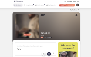 ElitePartner Partnervorschlag: Ein unscharfes Männerprofil mit Alter, Beruf und den Matching-Punkten.